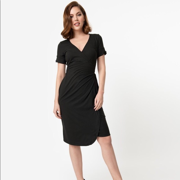 Unique Vintage Dresses & Skirts - Short sleeved Black fitted wrap dress